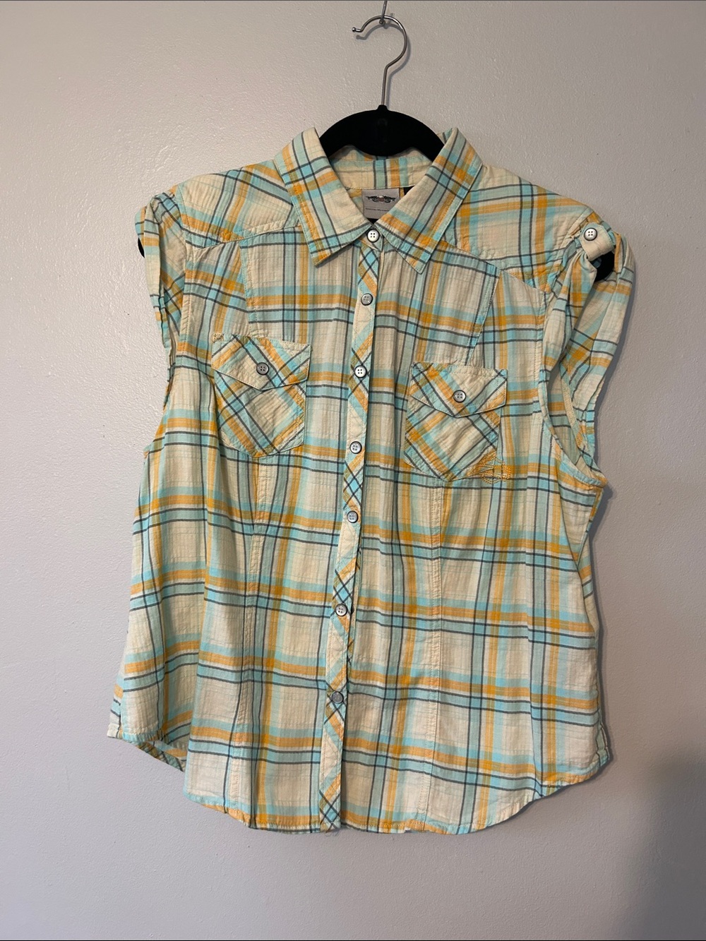 Harley-Davidson plaid button-up shirt in mint green, yellow and cream